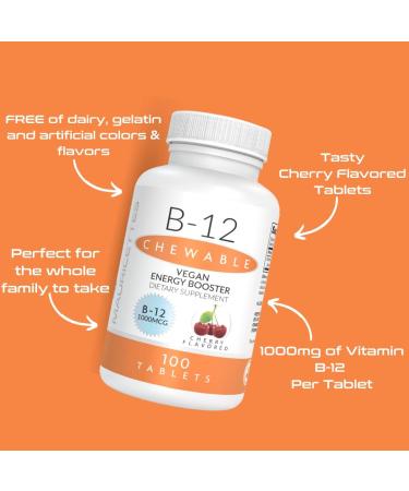 Mauricettes Chewable Vegan B12 Methylcobalamin - Cherry Flavored 1000 Tablets - Energy & Immune Support - Buy Online on GoSupps.com