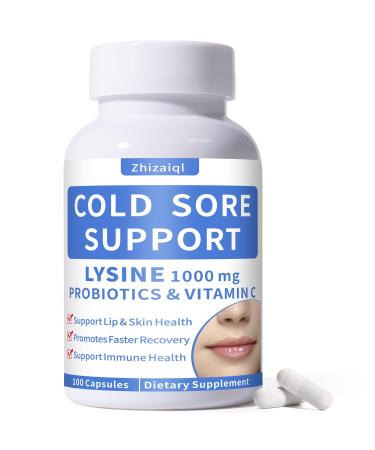 Zhizaiql Lysine Cold Sore Treatment for Lips with Probiotics & Vitamin C for Lip Skin Gut & Immune Health Managing Cold Sore Frequency & Severity Cold Sore Patch Alternative 100 Capsules