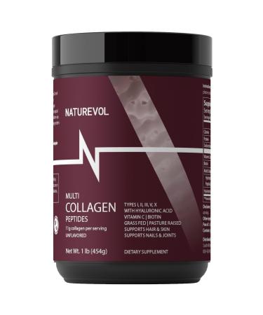 NATUREVOL Multi Collagen Peptides Powder Hydrolyzed Types I II III V X with Biotin Vitamin C & Hyaluronic Acid | Hair Skin & Joints Support for Women & Men | Unflavored - 1 lb (41 Servings)