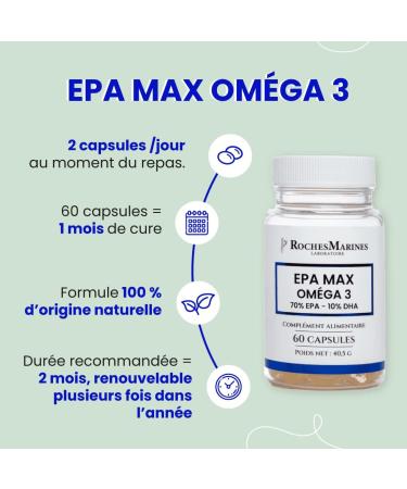 Roches Marines - EPA Max Omega 3 Dietary Supplement - 70% EPA - 10% DHA - Rich in Omega 3 EPA - Good Brain and Heart Function - Good Vision - 60 Capsules - Developed in France - Buy Online on GoSupps.com