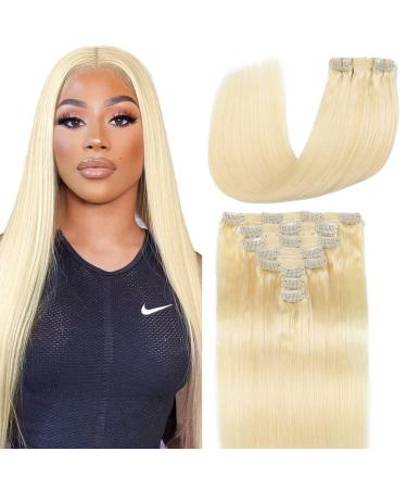 Clip in Hair Extensions Real Human Hair 8 Pieces Straight Real Remy Human Hair Full Head Human Hair Extensions Clip in Double Weft Real Remy Hair (20 Inch 613 Bleach Blonde)