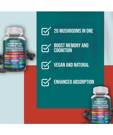 Organic Mushroom Gummies 20 in 1 Complex Daily Lion's Mane Reishi Chaga Cordyceps Enoki Oyster Turkey Tail Brains Vegan Memorys Superfood Mushroom Supplement for Adults Men & Women - Buy Online on GoSupps.com