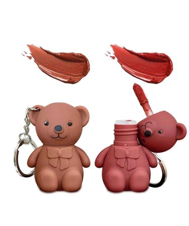 2 in 1 Key Chain Bear Lipstick Mist Matte Velvet Lipstick Waterproof Long Lasting Lip Gloss Cute Bear Beauty Makeup(2 Pack) 01+ 02
