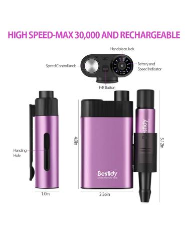 Bestidy 30000RPM Rechargeable Nail Drill Kit for Acrylic and Gel Nails - Professional Efile for Manicure, Pedicure, and Polishing (Purple) - Buy Online on GoSupps.com