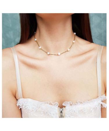 Boho Pearl Choker Necklace Floating Pearl Station Necklace Gold Tiny Pearl Beaded Necklace Chain Bridal Necklace Jewelry for Women and Girls Gifts