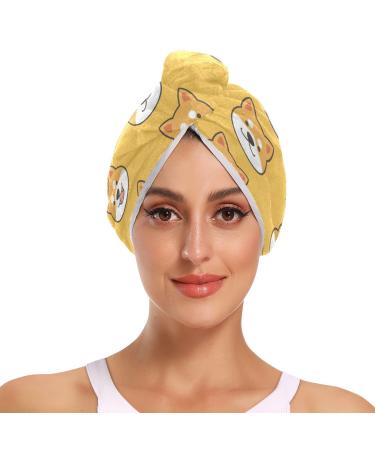 Cute Shiba Game Texture Hair Towel 2 Pack Super Absorbent Hair Drying Towel Quick Dry Hair Turbans Head Towel with Button Twisty Wrap for Women Girls