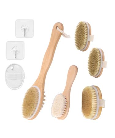Dry Brushing Body Brush Set: 8 Pack Natural Boar Bristles Exfoliating Dry Body Brush Soft Dry Brush for Cellulite Massage and Lymphatic Drainage Shower Bath Brush Scrubber with Non-Slip Long Handle