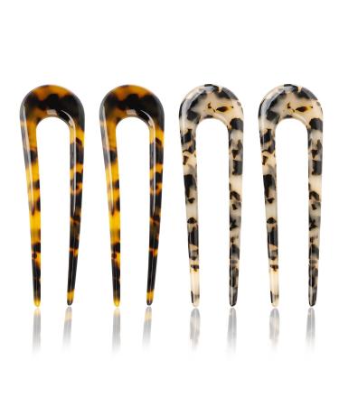 Sioppkik 4 pieces U-shaped hairpin French style hairpise turtle shell hairyard metal hairpin bocks 2 tines updos chignon pens for women hair styling accessories