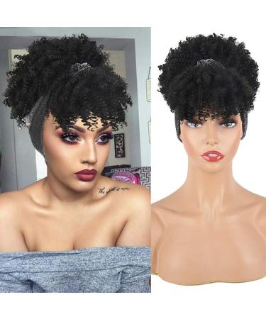 Aisaide Gray Headband Wigs for Black Women Afro Headband Wig Synthetic Short Curly Wigs Afro Kinky Curly Black Wig with Bangs Wrap Wigs 2 in 1 Head Wrap Wig with Headband Attached Turban Wig High puff Silver Turban-1B