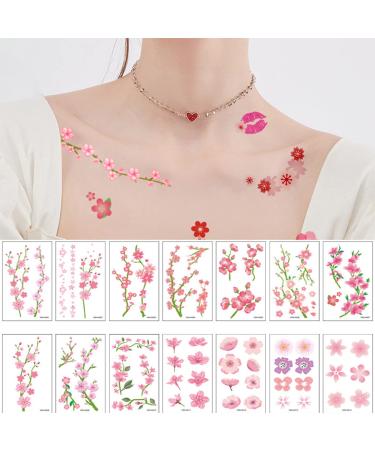3D Pink Cherry Blossom Flower Temporary Tattoos for Women - Waterproof Body Art Stickers for Neck, Arm, Wrist & Hands - Buy Online on GoSupps.com