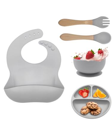 Baby Weaning Set 5pcs Toddler Feeding Set Adjustable Bib with Large Crumb Pouch Suction Bowl Spoon and Fork Baby Feeding Sets Easy Wipe Clean Cutlery Set BPA Free for Babies and Toddler Grey