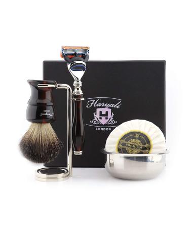 Haryali London men's shaving set with 5 razor blades and shaving brush made of pure badger hair stand bowl and soap