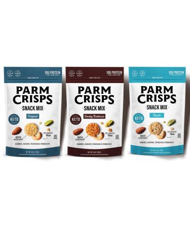 ParmCrisps Snack Mix  Variety (Original, Smokey Barbeque, and Ranch) Cheese Parm Crisps and Nuts Snack, Made Simply with 100% Cheese Crisps, Almonds, Cashews, and Pistachios | Healthy High-Protein Snack, Low Carb, Gluten Free, Low Sugar | 6oz (Pack of 3)