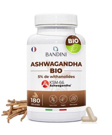 Bandini Ashwagandha BIO KSM-66 Extra Fort - 500mg par dose 5% de witanolides - 180 G lules pour 6 mois - Poudre de Withania Somnifera 100% V gane - Bien- tre Physique & Mental Tonus Concentration