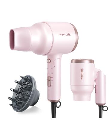 Wavytalk Blow Dryer with Diffuser Mini Hair Dryer with Folding Handle 1600W Quiet Lightweight Hairdryer with Diffuser Compact Design Pinky White