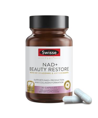 Swisse Plus NAD+ Beauty Restore | Clinically Tested Ingredients | NAD+ Supplement for Men & Women | Supports Collagen Formation, Skin Elasticity & Anti-Aging Supplement | 30 Capsules