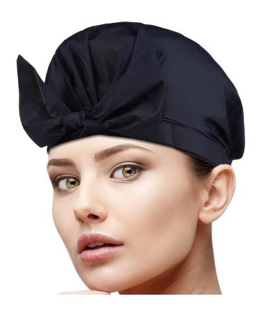 YQC Luxury Shower Cap for Women Reusable Waterproof Shower Caps -Adjustable Elastic Large Hair Cap for Shower -Fashion Cute Bow Shower Hair Cap for Long  Short and Curly Hair Girls (Black)