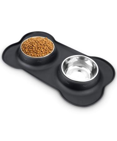 AsFrost Dog Food Bowls Stainless Steel Pet Bowls & Dog Water Bowls with No-Spill and Non-Skid, Feeder Bowls with Dog Bowl Mat for Small Medium Large Dogs Cats Pets 1 Cup/12 oz each Black