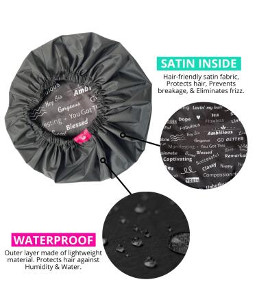 Extra Large Black Satin-Lined Shower Cap with Reversible Bonnet | Waterproof & Adjustable Strap | Reusable & Washable | Positive Affirmations for Women - Buy Online on GoSupps.com