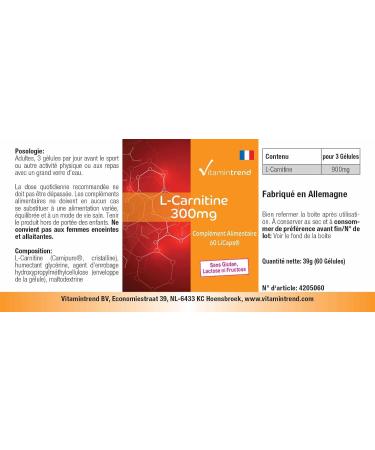 L-Carnitine 300mg - 60 Capsules | Vegan & Bioavailable Carnipure in Licaps | High Dose Supplements from Germany - Vitamintrend  - Buy Online on GoSupps.com