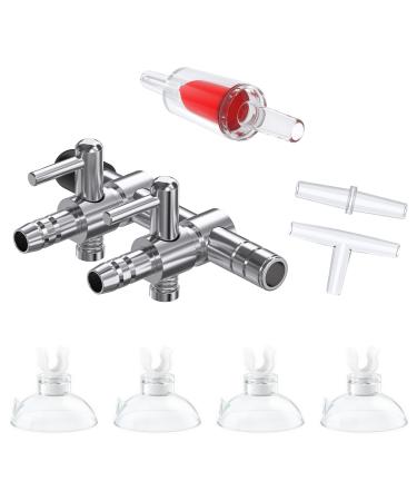 Pawfly 2-way aquarium-air flow control lever valve distributor for air pumps Fish tank multi-port distributor with 1 check valve T-shape & straight connection and 4 suction cup clips