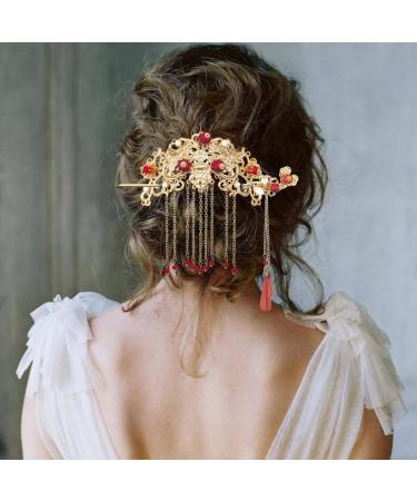 Chinese Hair Accessories for Wedding Red Tassel Gold Hanfu Pins Pearl Flower Hair Pins Hair Chopsticks Hair Styling Vintage Classical Sticks Long Tassel Chinese Hair Jewelry Accessories - Buy Online on GoSupps.com