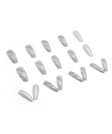 Silver Marble Square Long Press on Nails with Glitters - Luxurious Coffin Design for Women and Girls | False Nail Art Decoration - Buy Online on GoSupps.com