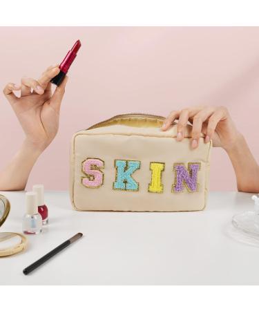 Chenille Letter Nylon Waterproof Makeup Bag for Women - Beige-Skin Travel Organizer Pouch for Toiletries and Cosmetics - Buy Online on GoSupps.com