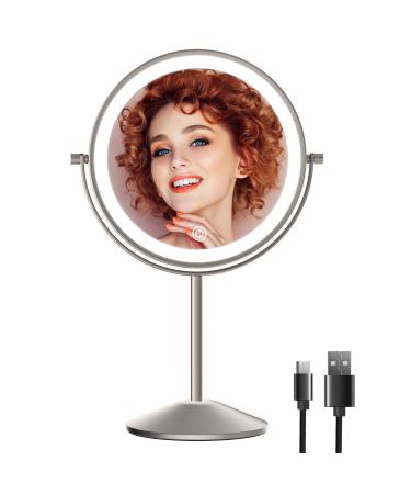 8 Inch Rechargeable Lighted Makeup Mirror, Double Sided Makeup Vanity Mirror with 3 Colors Lighting, 10X Magnifying Mirror, Touch Sensor Dimming, Tabletop Round Cosmetic Light Up Mirror (Nickel)