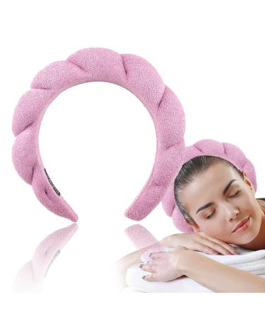 Spa Headband for Women - Skincare Headbands for Face Washing - Makeup Headband Puffy Spa Headband for Skincare - Sponge Headbands Padded Soft Hairband - Terry Towel Hair Band Accessories - Spa Shower (Pink)