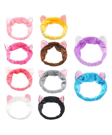 GiantGo 10 Pieces Cat Ears Headbands for Washing Face Elastic Women's Spa Shower Headbands Make Up Hair Headbands Fits All Head Sizes