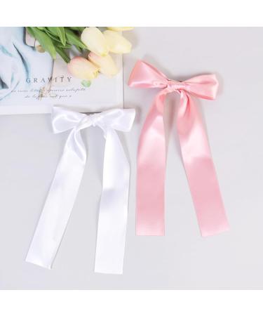 2 Pack Hair Bows for Girls and Women Large Bow Hair Clips Hair Barrette with Long Silky Satin Hair Accessories for Girls(White Pink) - Buy Online on GoSupps.com