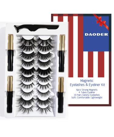 DAODER 6 Magnets Magnetic Lashes Mink with Eyeliner Kit 4 Tubes Eyeliner 10 Pairs Magnetic Eyelashes Natural Look Soft Reusable Variety Wispy False Eyelashes Pack
