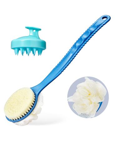 Shower Body Brush with Bristles and Loofah Back Scrubber Bath Mesh Sponge with Curved Long Handle Massage Bristles Suitable for Wet or Dry  with Cellulite Massager Blue