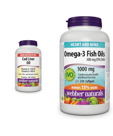 Webber Naturals Cod Liver Oil with Vitamin A and D3 180 Softgels Vision Skin and Immune Support & Omega-3 Fish Oil 1 000 mg 210 Softgels Supports Cardiovascular Health and Brain Function Vitamin + Oil 1 000 mg