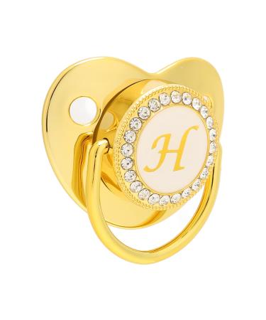 Golden baby pacifier curved design 26 letters safe materials healthy bling baby pacifier with clips for 6 to 18 months (h)
