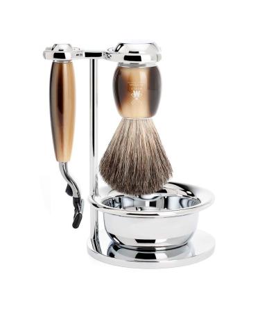 M HLE VIVO Brown Horn Resin 4-Piece Pure Badger 3-Blade Razor Shaving Set