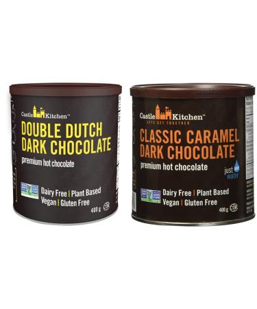 Castle Kitchen Double Dutch Premium Dark Hot Chocolate Mix - 400g & Classic Caramel Premium Dark Hot Chocolate Mix - Vegan Plant Based Gluten Free Dairy Free Non-GMO Project Verified - 400g Hot Chocolate + Caramel Hot Chocolate Mix Double Dutch 400 g (Pac