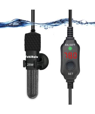 YukiHalu Small Submersible Aquarium Heater, Mini Fish Tank Heater 25W 50W 100W 200W with Built-in Thermometer, External Temperature Controller, LED Display, Used for 5/10/20/40 Gallons 25 Watts