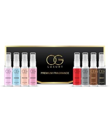 OG BEAUTY Luxury Perfume Gift Set - Unique Scents Long-lasting Eau de Parfum - Smokey Woody Shadow Gallant Pristine Charade Enchant Solace - Pack of 8 (5ml Each)