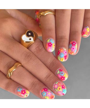 24Pcs Press on Nails Short Colorful Flower Square Fake Nails Cute Glue on Nails False Nails with Designs Floral Acrylic Stick on Nails Reusable Artificial Nails for Women Girls Style 10 - Buy Online on GoSupps.com