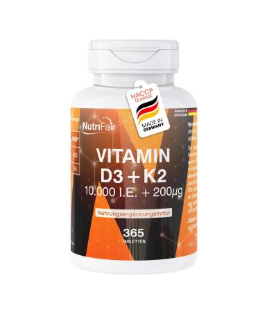 Vitamine D3 + K2-365 comprim s - 10.000 UI + 200 g - Hautement dos Fabrication allemande et test en laboratoire - NutriFair | Premium & Fair
