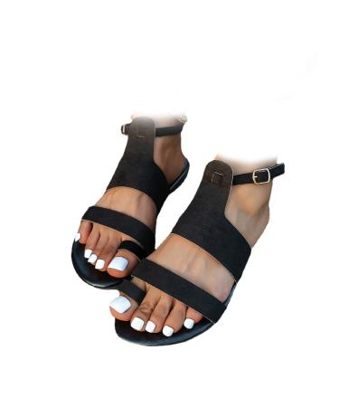 Women's Orthopedic Flat Sandals Summer One Word Belt Solid Color Orthopedic Bunion Corrector Outer Wear Women's Roman Sandals for Foot Correction Slippers 7 Black