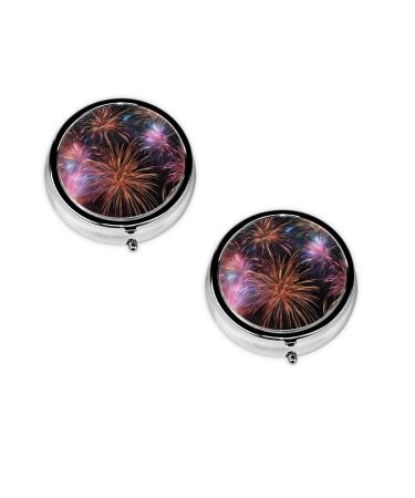 (Explosion Firework 3D) Round Pill Box 3 Compartment Pill Box Mini Decorative Pocket Purse Portable Travel Medicine Tablet Vitamin Holder Organizer Pill Case Black