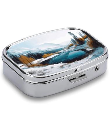 Pill Box Winter Mountains - 2 Compartment Decorative Metal Organizer for Travel | Portable Snow Scene Medicine Case - Buy Online on GoSupps.com