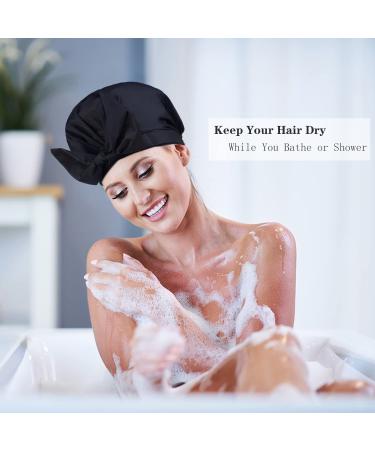 YQC Luxury Reusable Waterproof Shower Cap for Women - Adjustable Elastic Hair Cap - Cute Bow Design - Black- Ideal for Long, Short, and Curly Hair - Buy Online on GoSupps.com