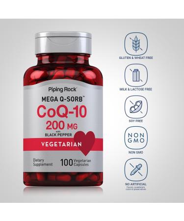 Piping Rock CoQ10 200 mg - 100 Vegetarian Capsules | Non-GMO & Gluten Free Mega Q Sorb Supplement - Buy Online on GoSupps.com
