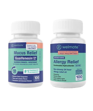 WELMATE Cold & Allergy Management Bundle: Maximum Strength Guaifenesin 1200mg Mucus Relief (100 Ct) + Fexofenadine HCl 180mg Non-Drowsy Allergy Relief (100 Ct)