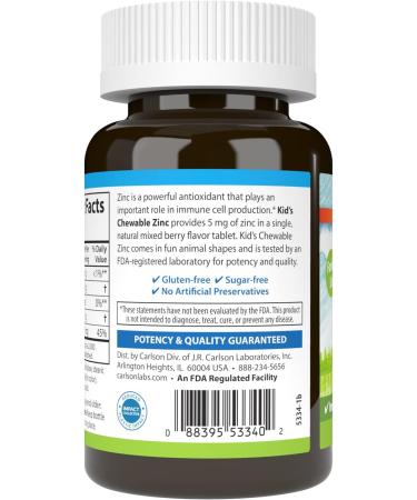 Carlson - Kid's Chewable Zinc 5 mg Health Support Natural Mixed Berry Flavor 160 Tablets 160 Count (Pack of 1) - Buy Online on GoSupps.com