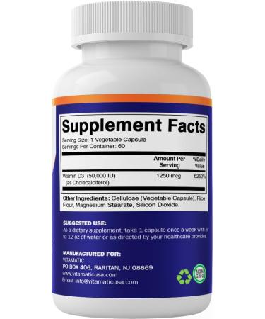 Vitamatic 2 Pack Vitamin D3 50,000 IU (as Cholecalciferol), Once Weekly Dose, 1250 mcg, 60 Veggie Capsules 1 Year Supply, Progressive Formula Helping Vitamin D Deficiencies (Total 120 Veg Capsules) - Buy Online on GoSupps.com